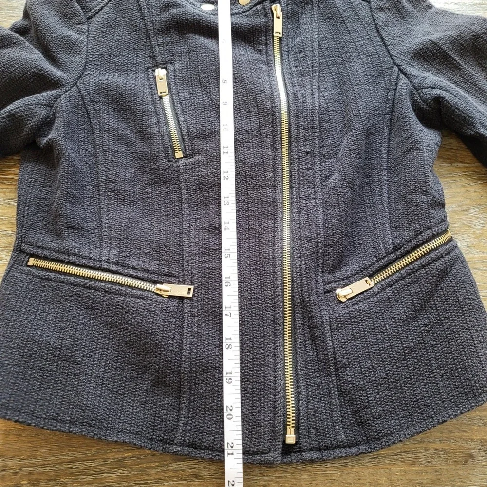 Ann Taylor Petite Moto Jacket Textured Tweed Gold Zip Charcoal Black 4P